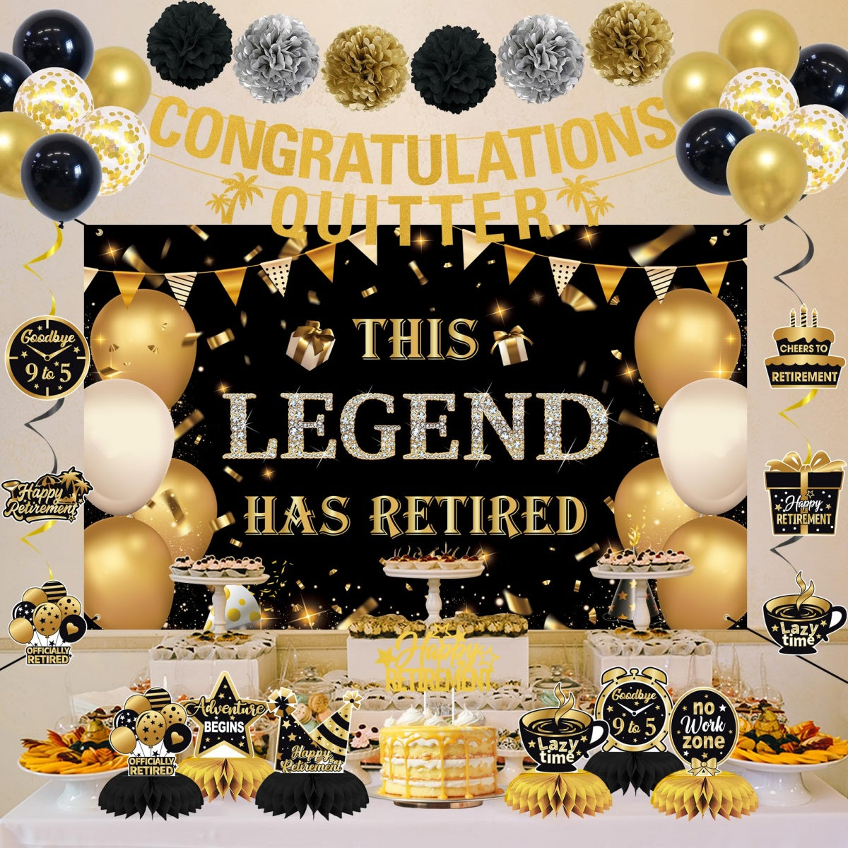 Black Gold Retirement Party Decorations, This Legend Has Retired Banner Congratulations Quitter Hanging Swirl Honeycomb Confetti Balloons Black & Gold Tissue Paper Pom Poms & Cake Topper