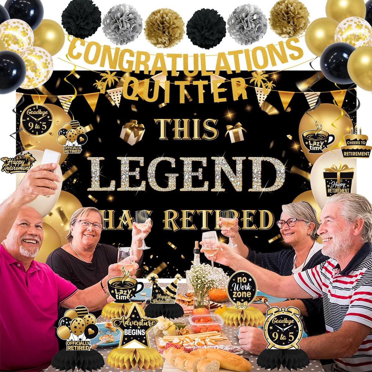 Black Gold Retirement Party Decorations, This Legend Has Retired Banner Congratulations Quitter Hanging Swirl Honeycomb Confetti Balloons Black & Gold Tissue Paper Pom Poms & Cake Topper