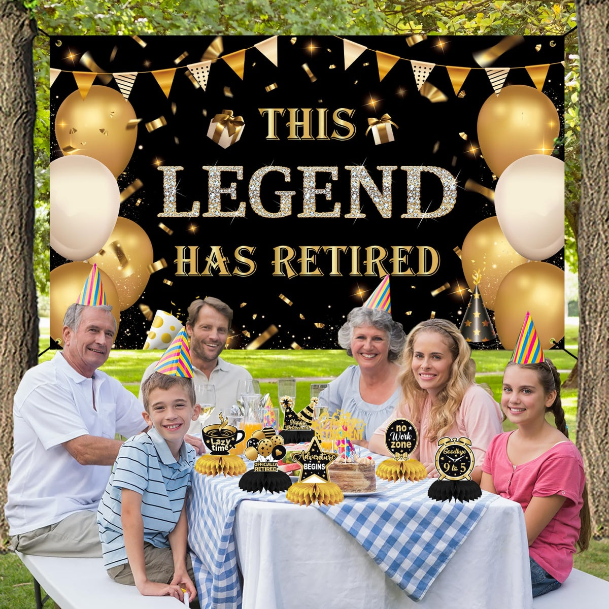 Black Gold Retirement Party Decorations, This Legend Has Retired Banner Congratulations Quitter Hanging Swirl Honeycomb Confetti Balloons Black & Gold Tissue Paper Pom Poms & Cake Topper