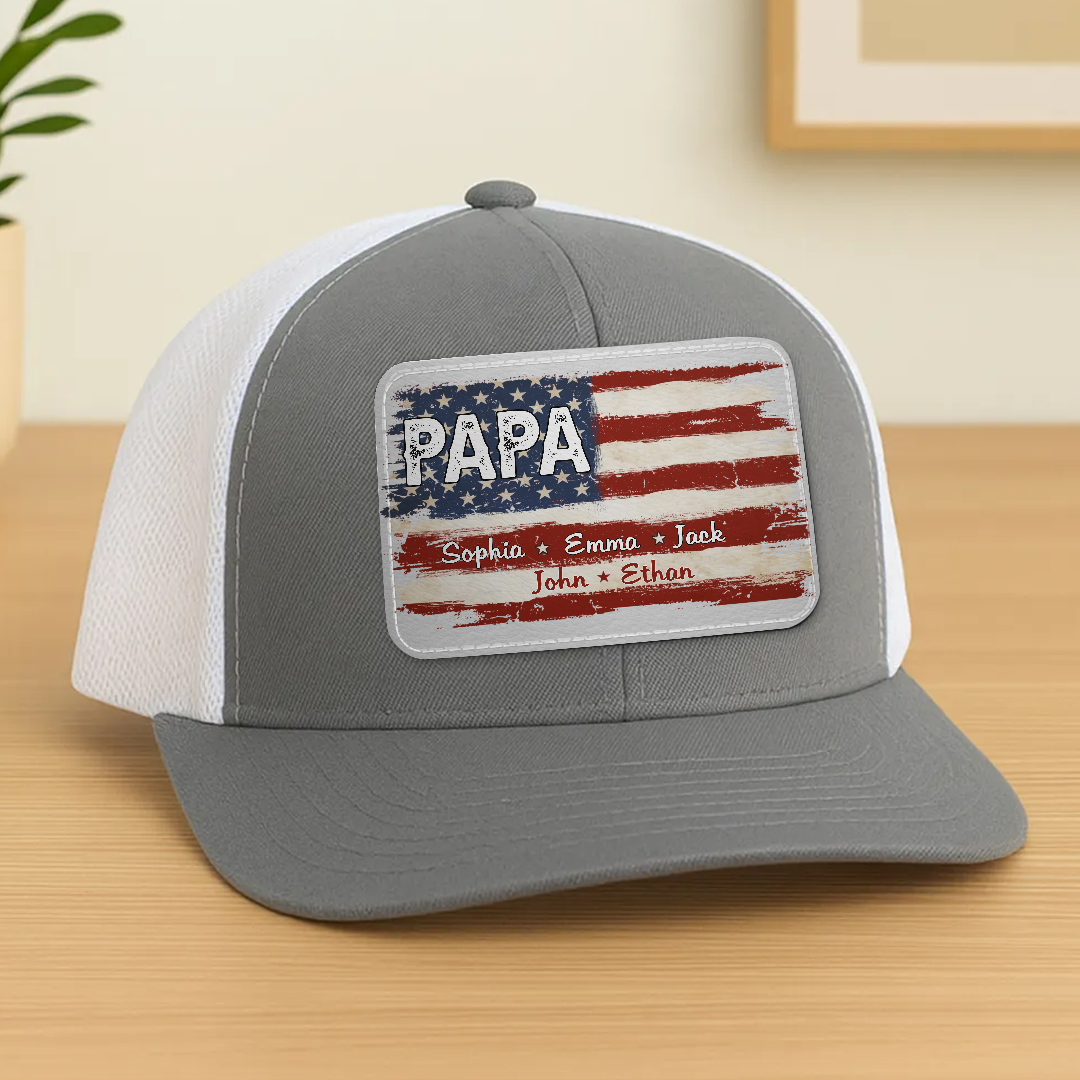 Family First Always - Personalized Leather Patch Mesh Cap - Gift For Dad, Grandpa