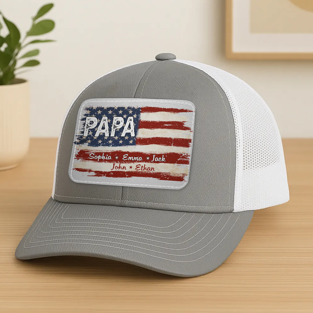 Family First Always - Personalized Leather Patch Mesh Cap - Gift For Dad, Grandpa