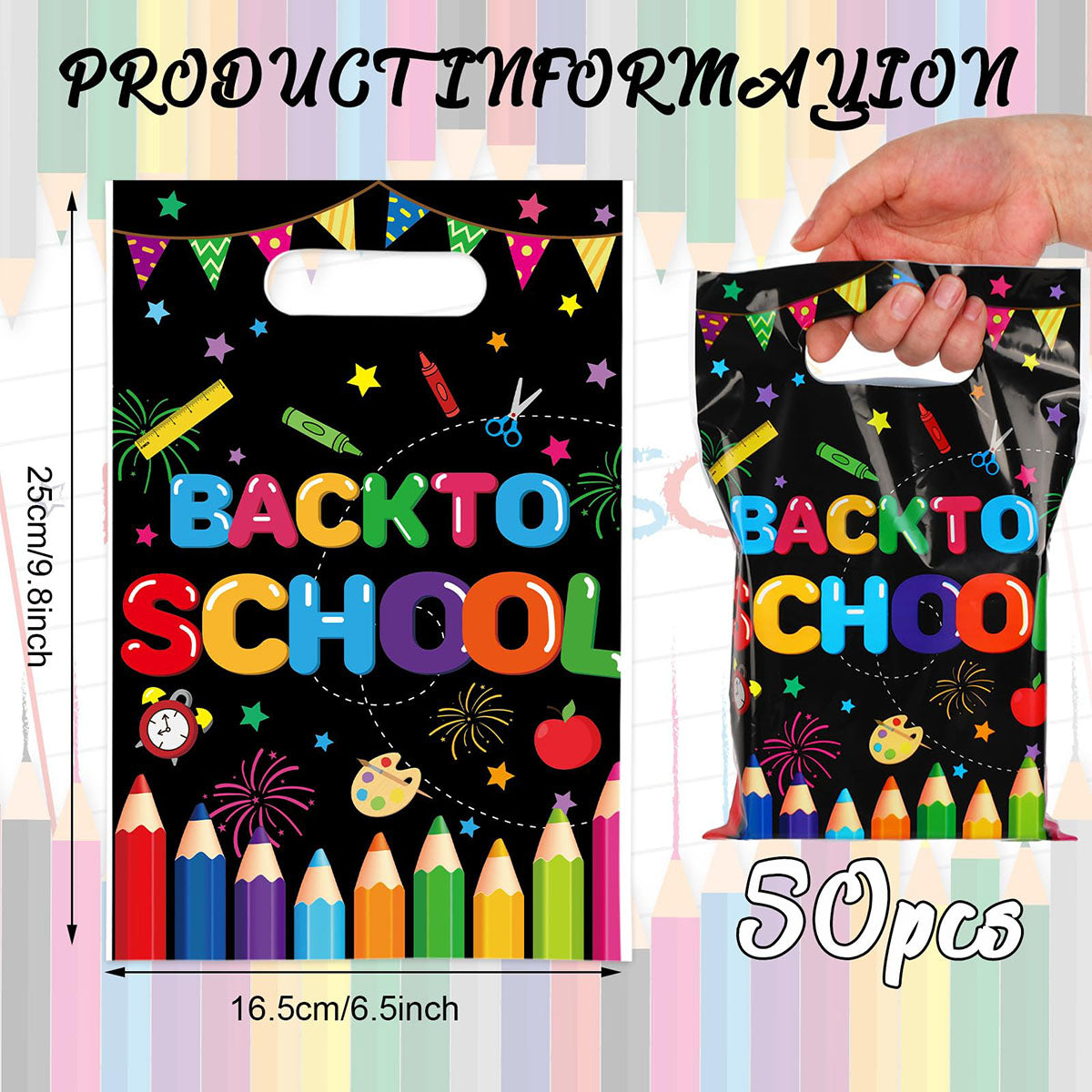 Back To School Party Favor Bags - Colorful Pencil Flag Decorative Plastic Treat Bags