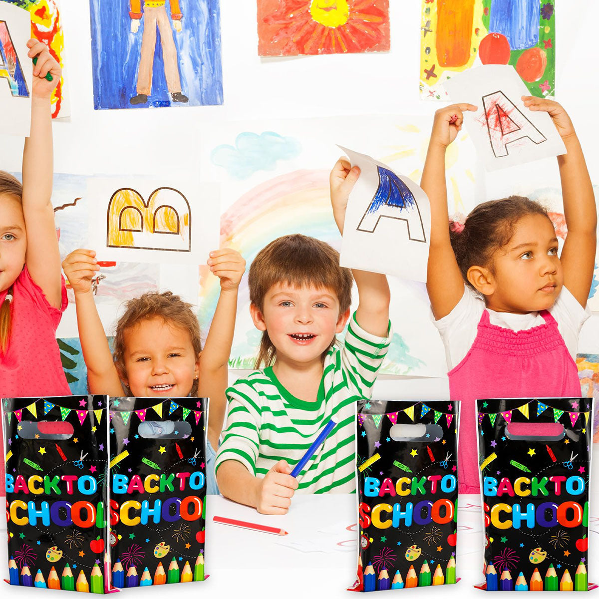 Back To School Party Favor Bags - Colorful Pencil Flag Decorative Plastic Treat Bags