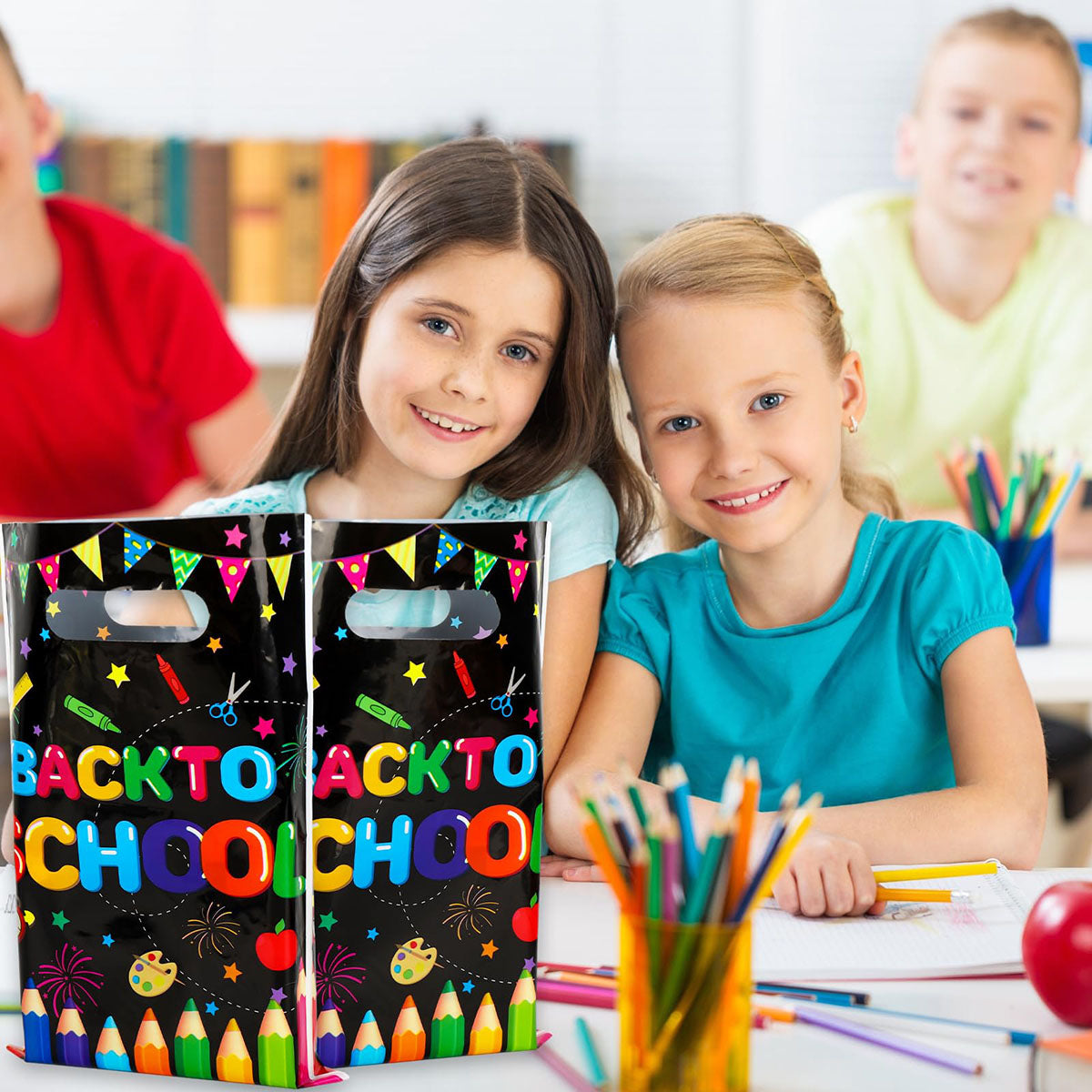 Back To School Party Favor Bags - Colorful Pencil Flag Decorative Plastic Treat Bags