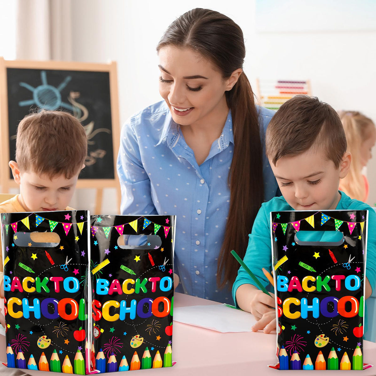 Back To School Party Favor Bags - Colorful Pencil Flag Decorative Plastic Treat Bags