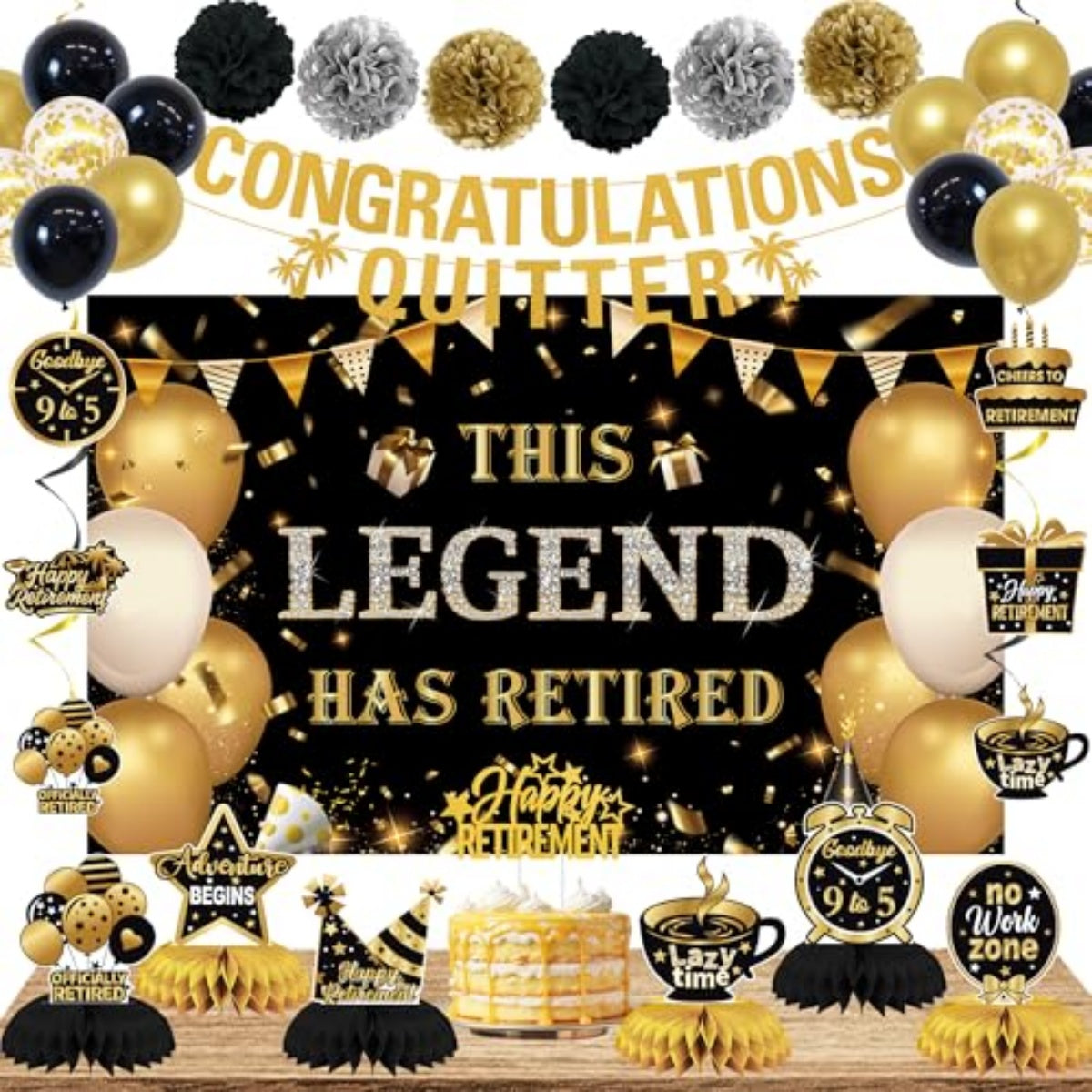 Black Gold Retirement Party Decorations, This Legend Has Retired Banner Congratulations Quitter Hanging Swirl Honeycomb Confetti Balloons Black & Gold Tissue Paper Pom Poms & Cake Topper