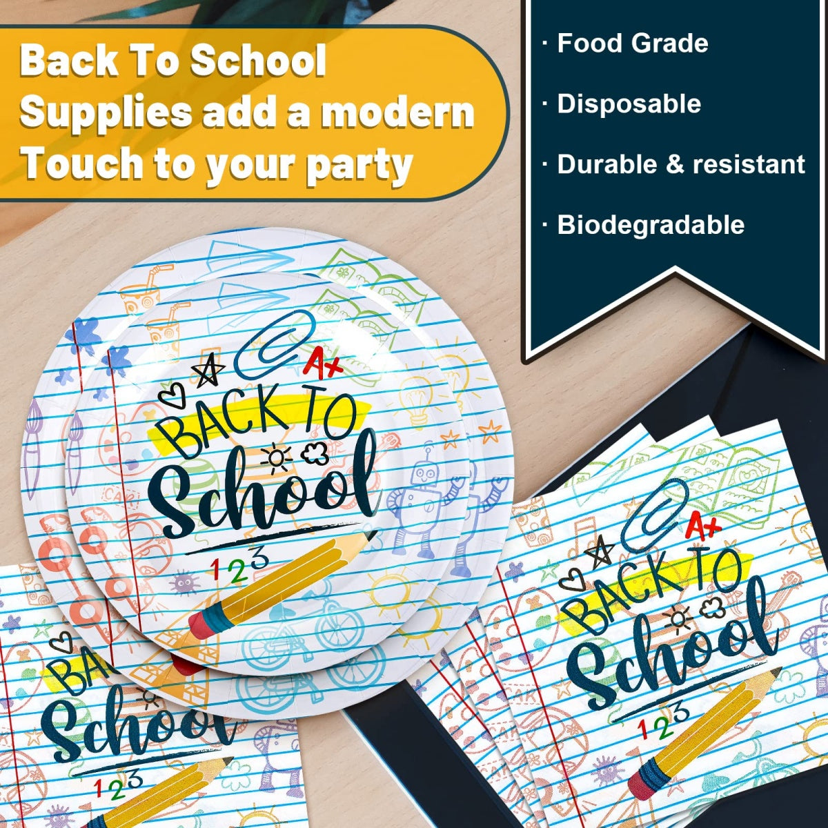 Back to School Tableware Set Homework Pencil Prints - School Season Disposable Dinnerware