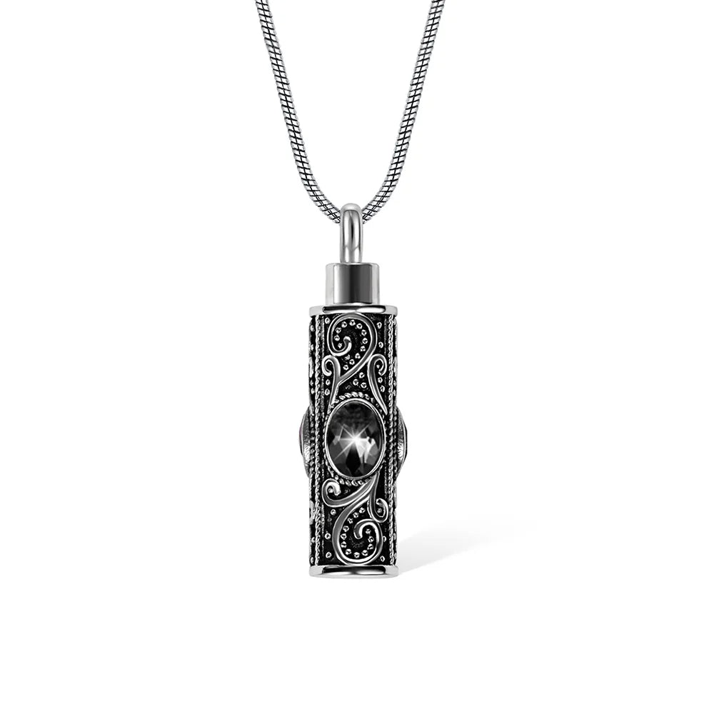Personalized Gemstone Vintage Cylinder Urn Necklace for Ashes, Sympathy Gift for Pet Loss/Family/Friend/Lover