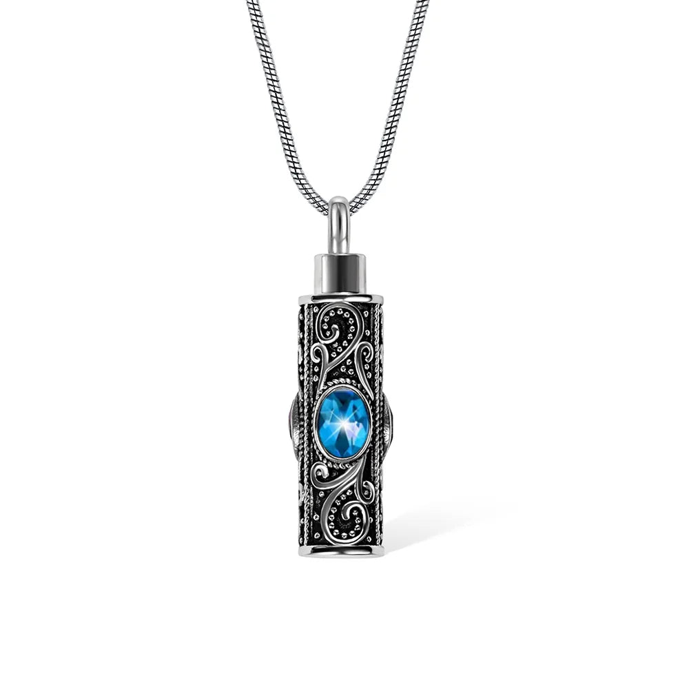 Personalized Gemstone Vintage Cylinder Urn Necklace for Ashes, Sympathy Gift for Pet Loss/Family/Friend/Lover