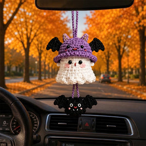 Halloween 2026 Crochet Ghost Car Charm, Handmade Mirror Accessory, Cute Spooky Car Ornament