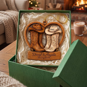 Personalized Couple Cowboy Boots Wooden Ornament - Anniversary Gift For Couple