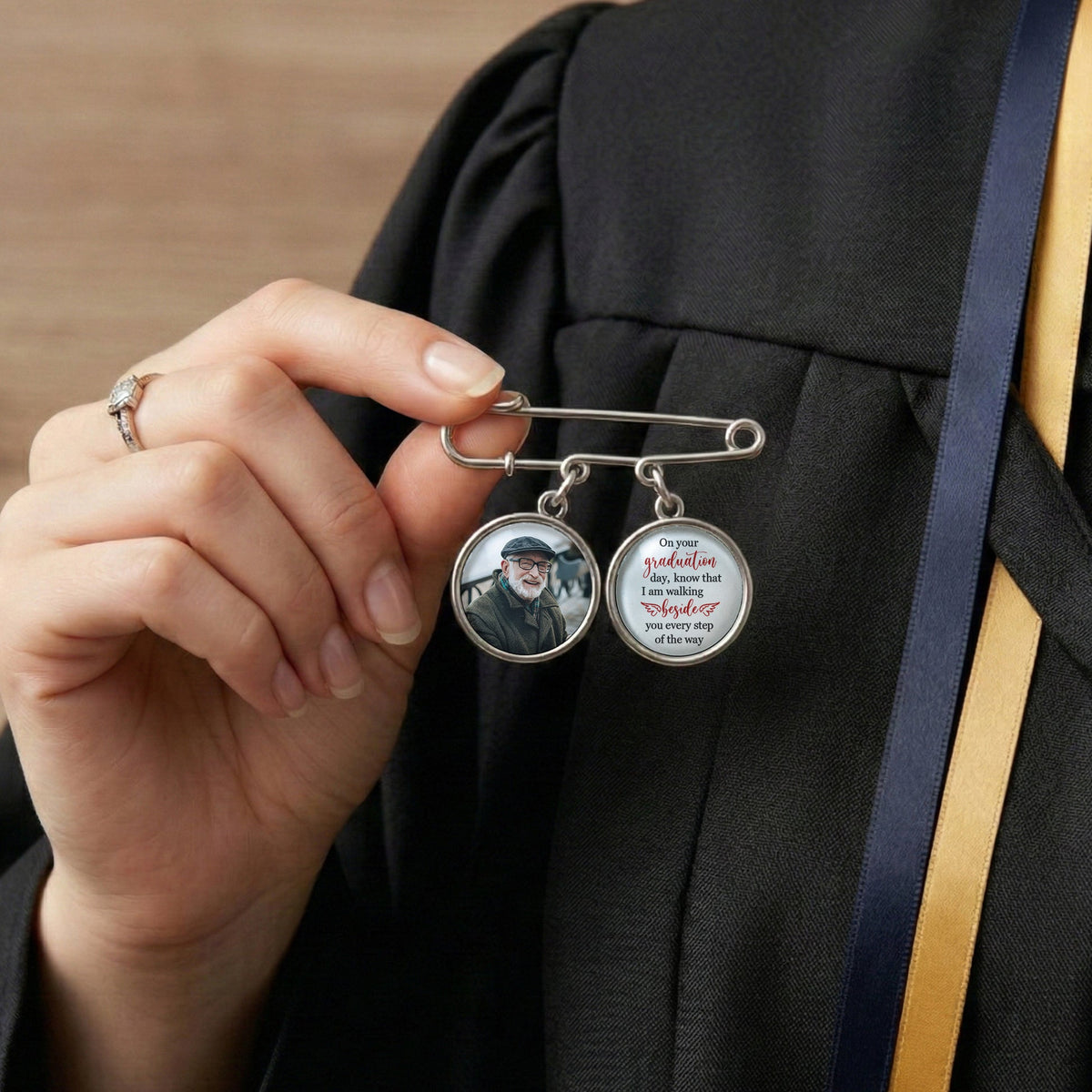 Graduation Walking Beside You Every Step - Personalized Memorial Lapel Pin With Photo Charms