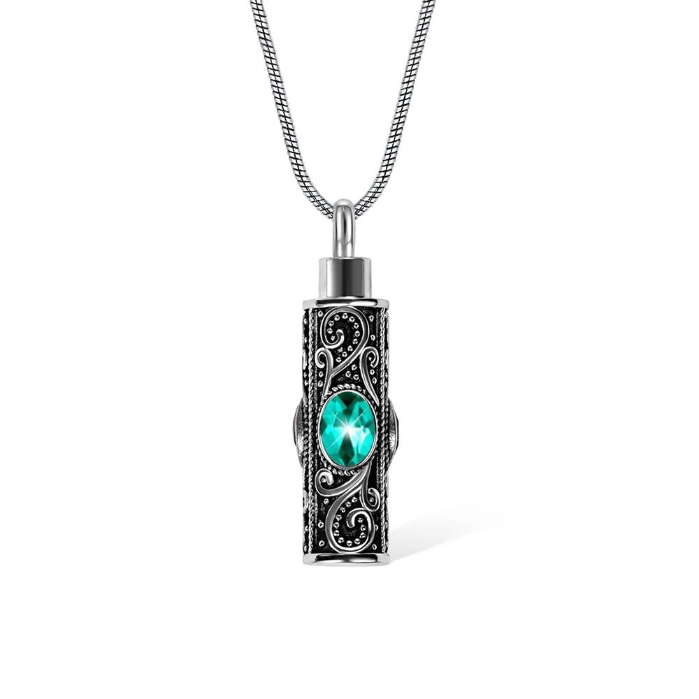Personalized Gemstone Vintage Cylinder Urn Necklace for Ashes, Sympathy Gift for Pet Loss/Family/Friend/Lover