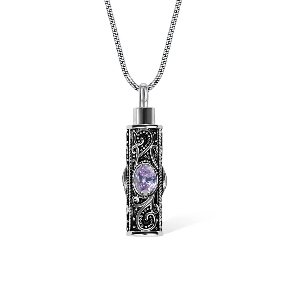 Personalized Gemstone Vintage Cylinder Urn Necklace for Ashes, Sympathy Gift for Pet Loss/Family/Friend/Lover