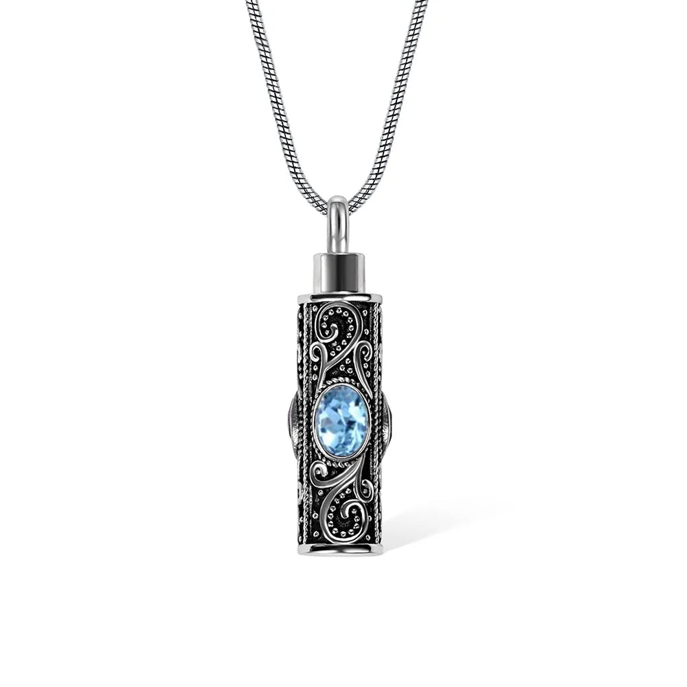 Personalized Gemstone Vintage Cylinder Urn Necklace for Ashes, Sympathy Gift for Pet Loss/Family/Friend/Lover