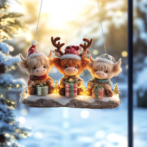 Christmas Highland Cow Acrylic Ornament: Festive Window Decor