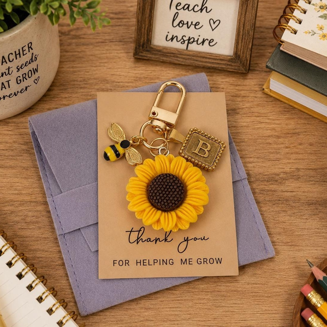 Personalized Sunflower Bee Keychain - Teacher Gift