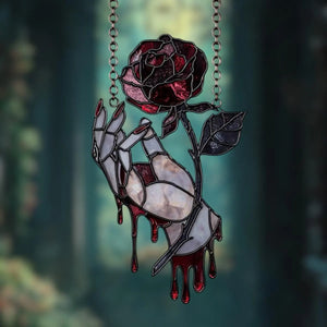 Gothic Bloody Rose Hand Acrylic Suncatcher - Faux Stained Glass Window Hanging, Gothic Vampire Decor, Unique Gift For Dark Romance Lovers