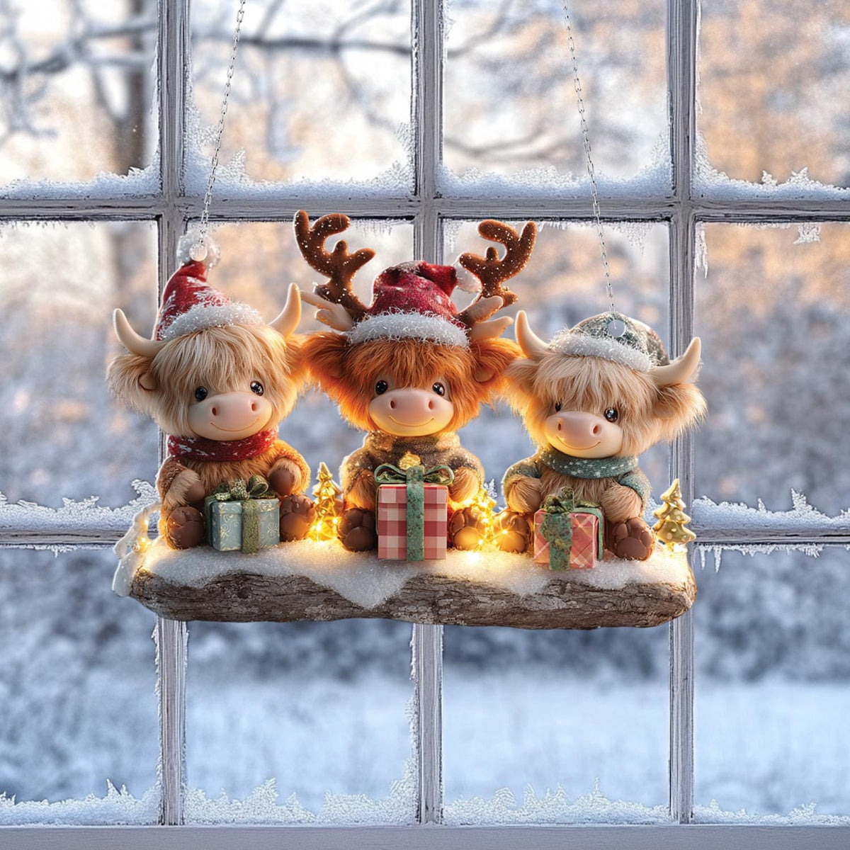 Christmas Highland Cow Acrylic Ornament: Festive Window Decor