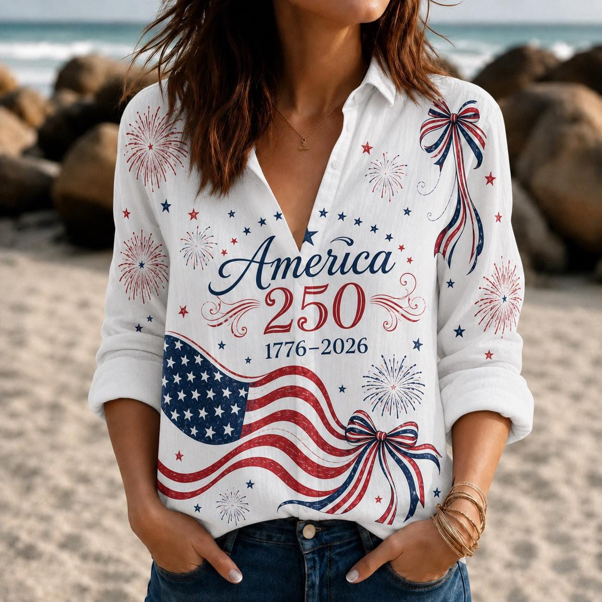 Retro American Flag Women Top Shirt - USA 250th Anniversary Blouse Shirt