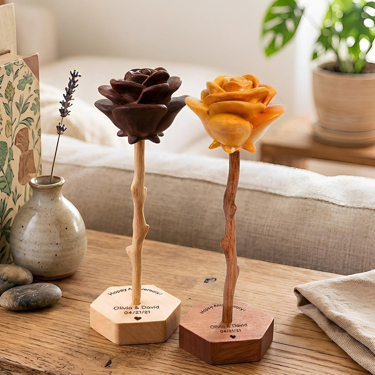 Hand-carved wooden roses – Personalized Engraved Base