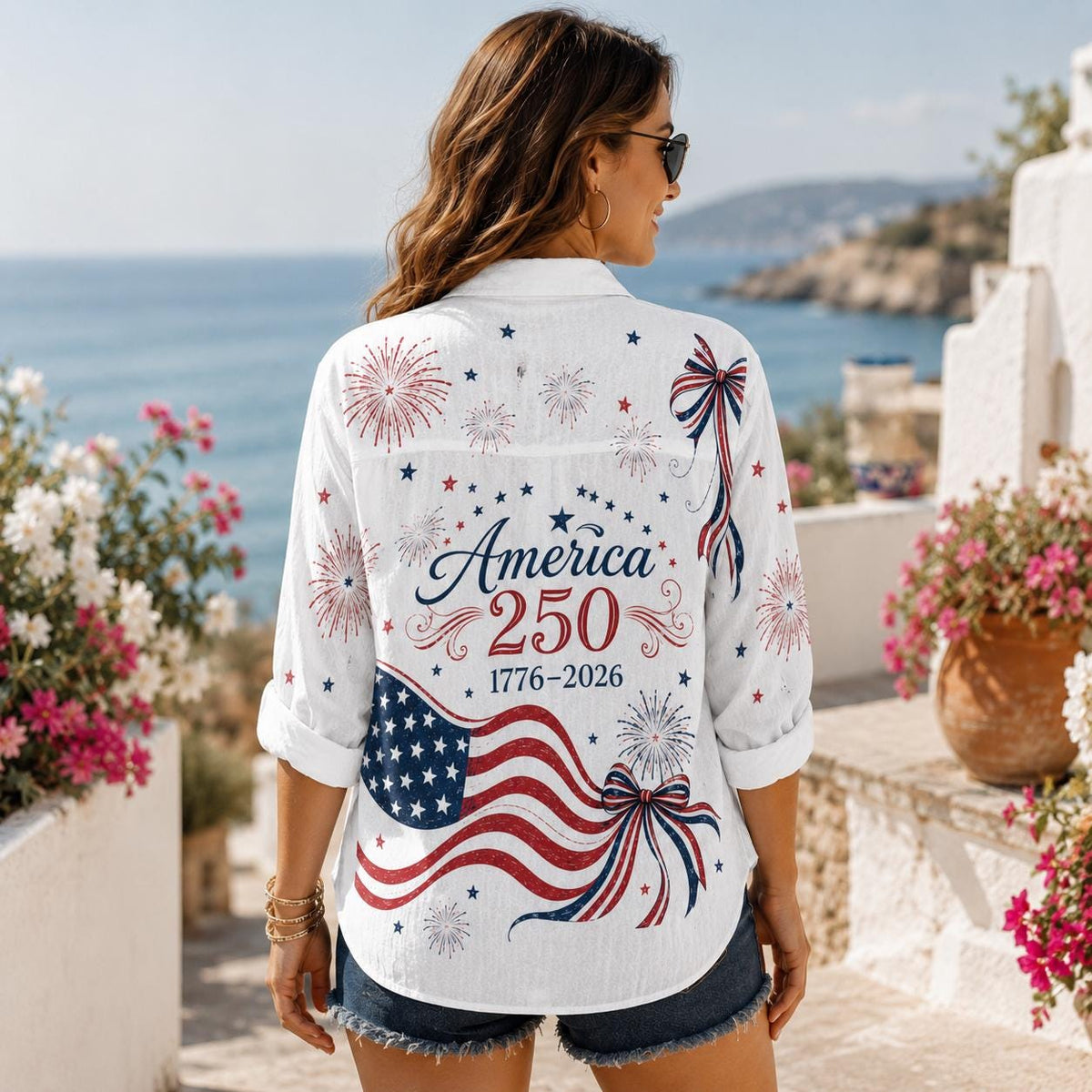Retro American Flag Women Top Shirt - USA 250th Anniversary Blouse Shirt