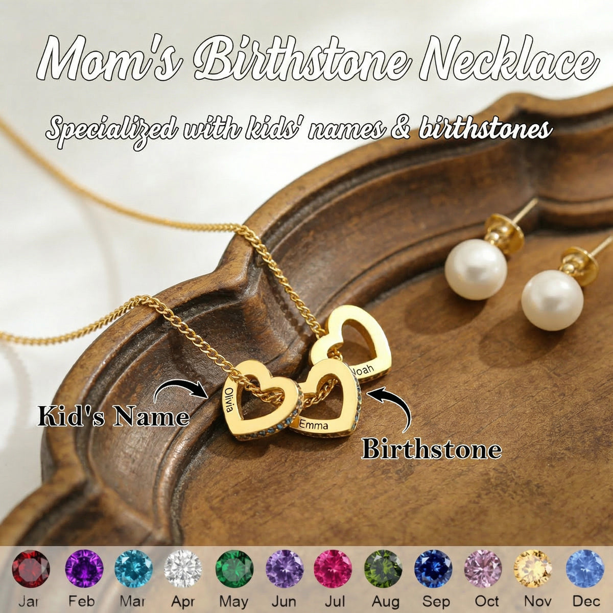 Personalized Heart Circle Birthstone Necklace with Name, Custom Birthstone Necklace, Dainty Family Gift for Her, Mothers Day Gift