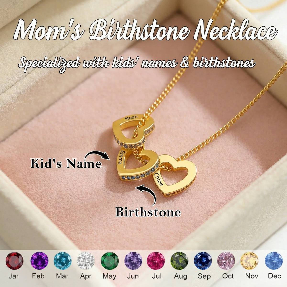 Personalized Heart Circle Birthstone Necklace with Name, Custom Birthstone Necklace, Dainty Family Gift for Her, Mothers Day Gift
