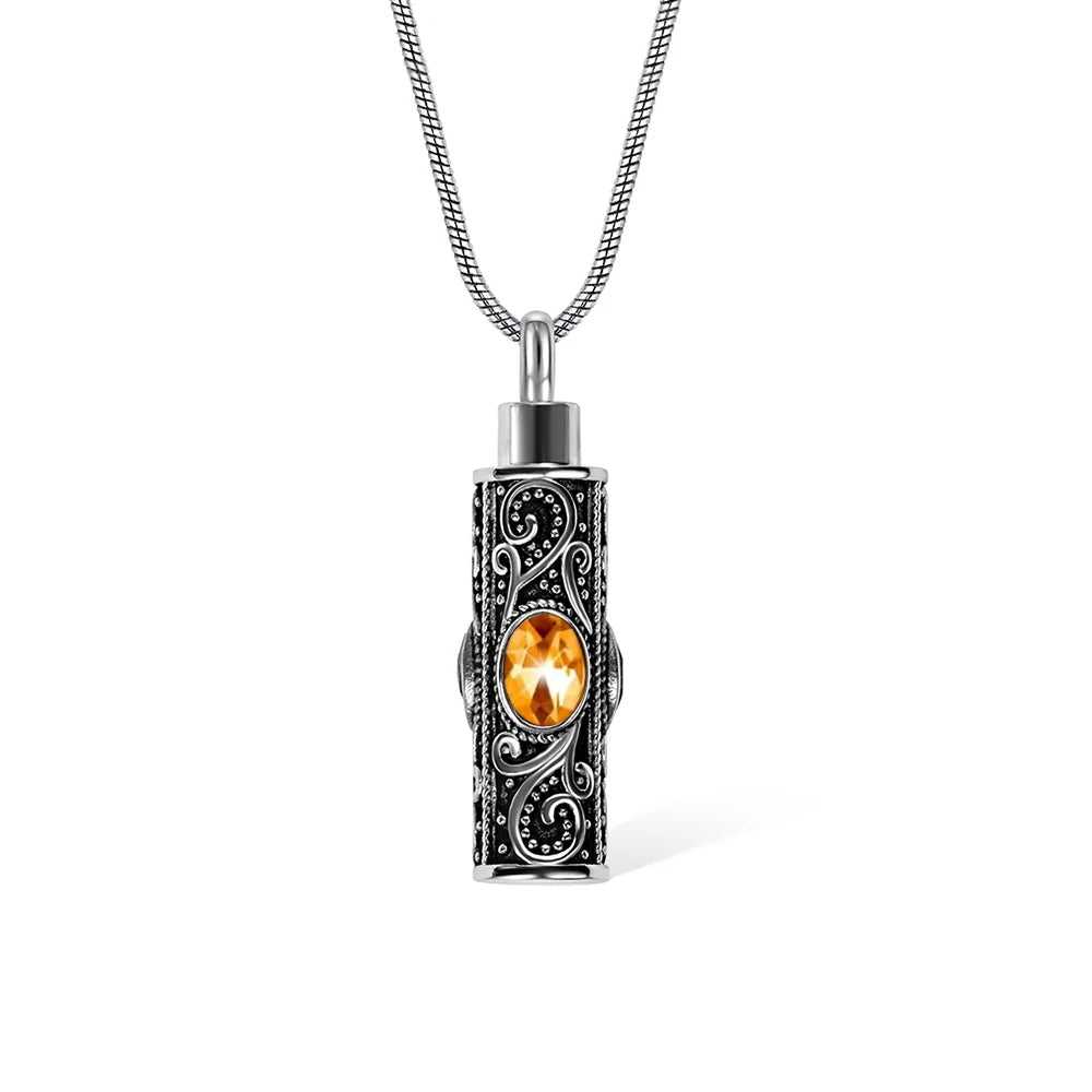 Personalized Gemstone Vintage Cylinder Urn Necklace for Ashes, Sympathy Gift for Pet Loss/Family/Friend/Lover
