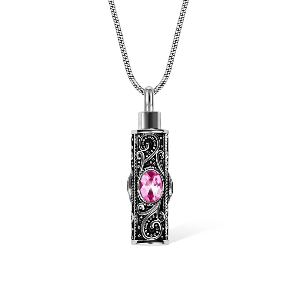 Personalized Gemstone Vintage Cylinder Urn Necklace for Ashes, Sympathy Gift for Pet Loss/Family/Friend/Lover