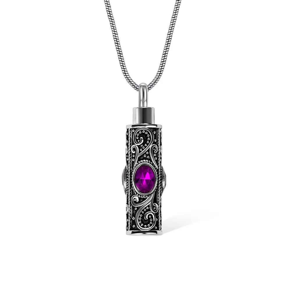 Personalized Gemstone Vintage Cylinder Urn Necklace for Ashes, Sympathy Gift for Pet Loss/Family/Friend/Lover