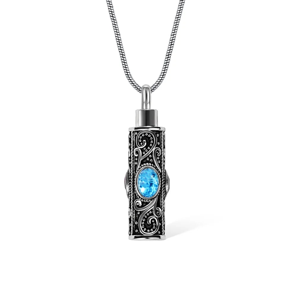 Personalized Gemstone Vintage Cylinder Urn Necklace for Ashes, Sympathy Gift for Pet Loss/Family/Friend/Lover