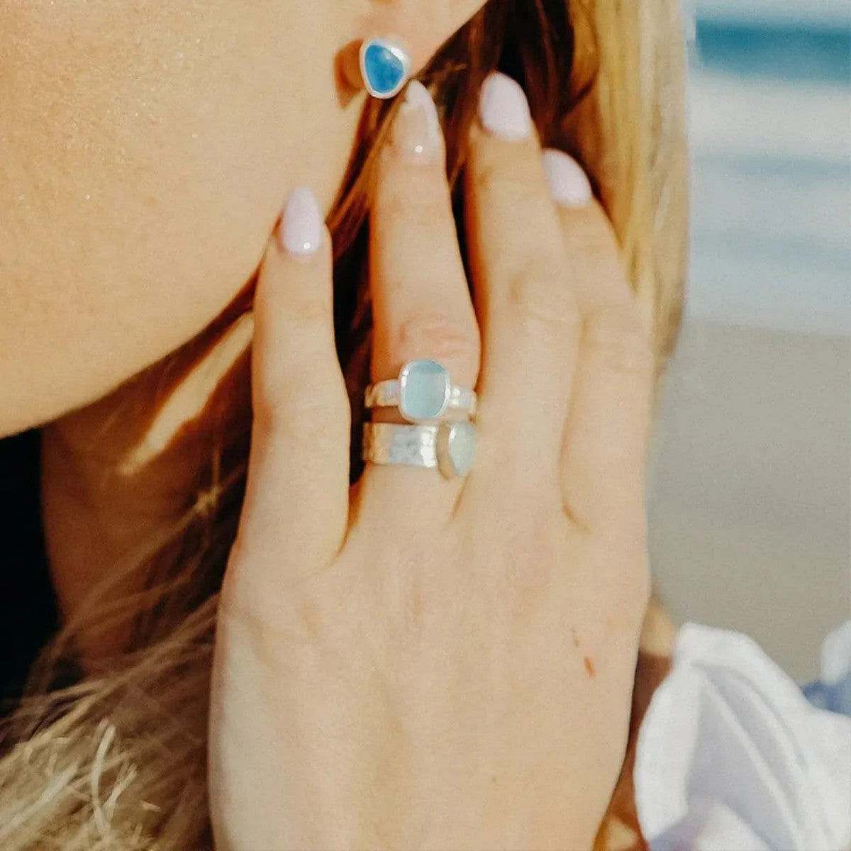 Ovarian Cancer Awareness-Thalassophile Sea Glass Wide Band Ring