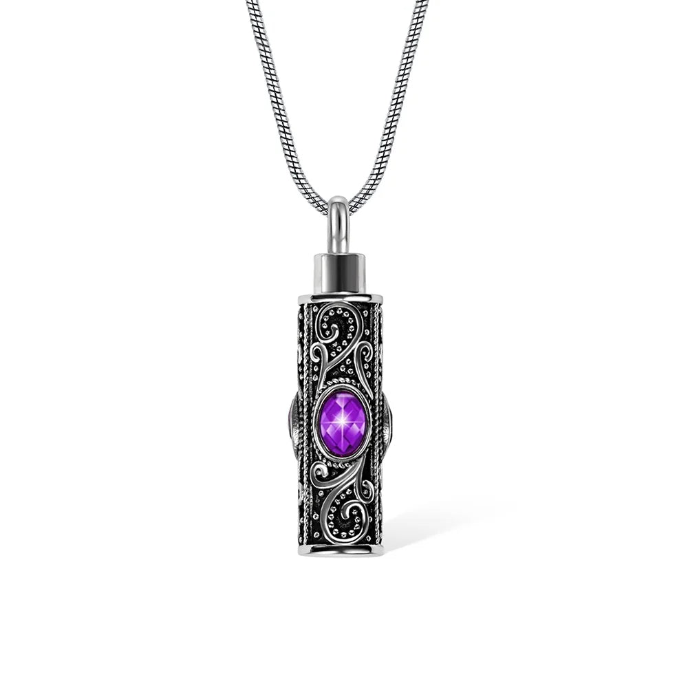Personalized Gemstone Vintage Cylinder Urn Necklace for Ashes, Sympathy Gift for Pet Loss/Family/Friend/Lover
