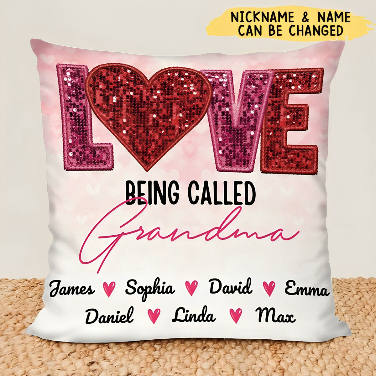 Personalized Pink Glitter LOVE Pillow,Gift For Grandma/Grandparents