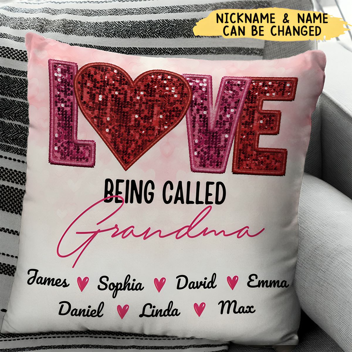 Personalized Pink Glitter LOVE Pillow,Gift For Grandma/Grandparents