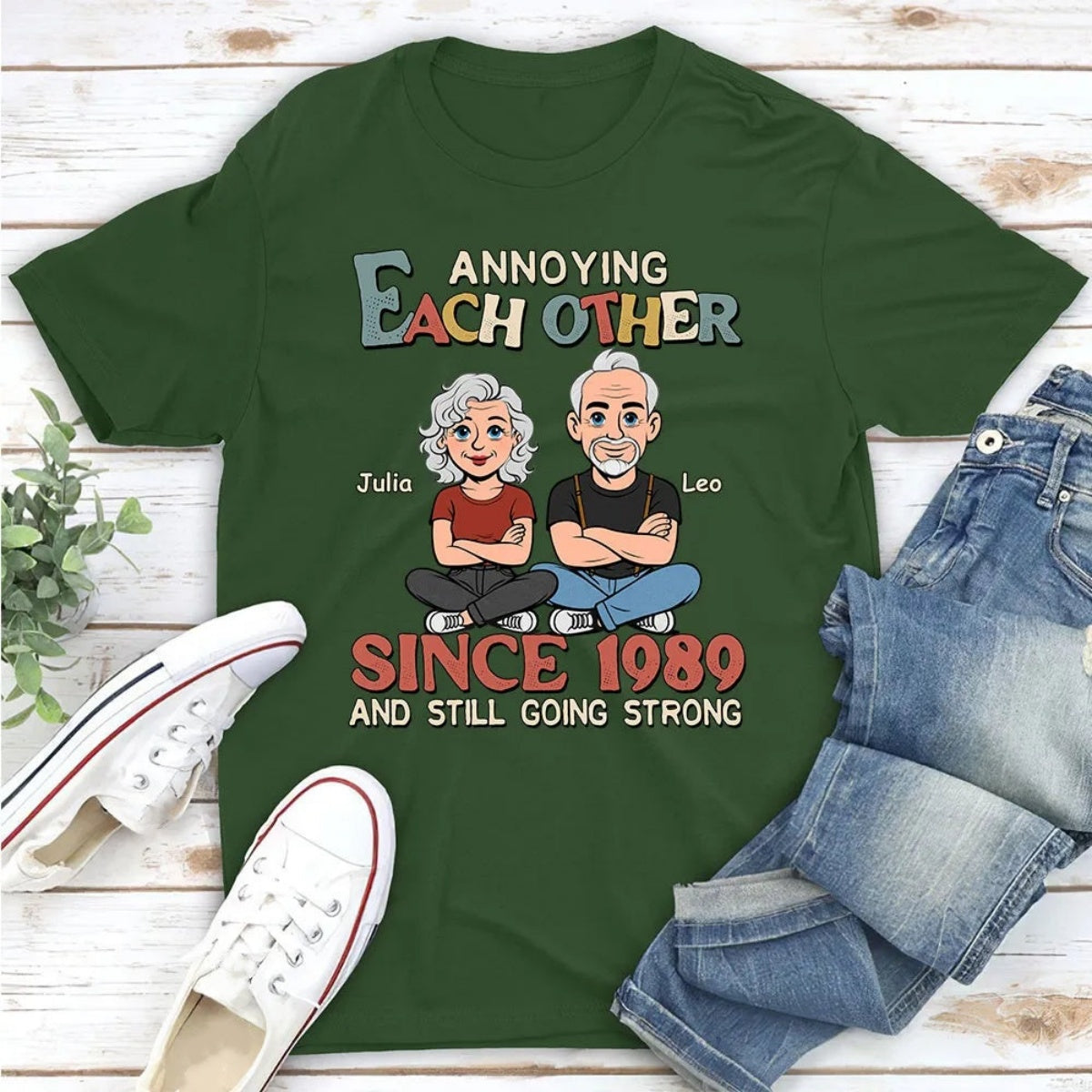 Personalized Classic Tee Funny Couple Cartoon Sitting Together Cute Gift for Husband or Wife Annoying Each Other Vibe