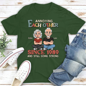Personalized Classic Tee Funny Couple Cartoon Sitting Together Cute Gift for Husband or Wife Annoying Each Other Vibe