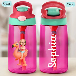 Personalized Photo Cute Kid Riding Dinosaur Flamingo Water Bottle - Back To School Gift