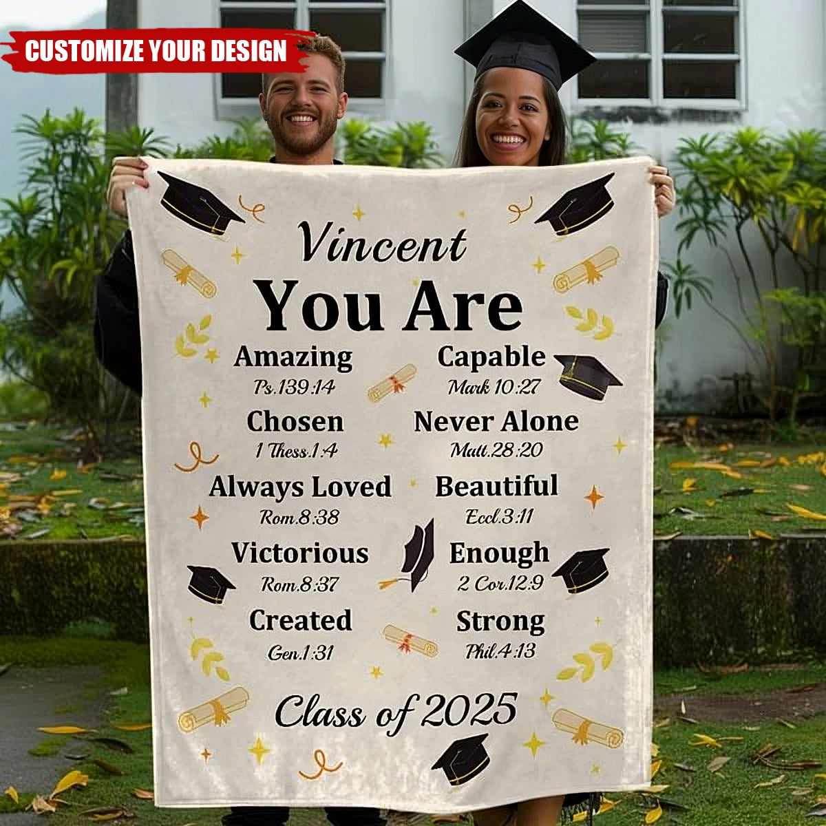 Personalized Graduation Cap Bible Chapter Soft Throw Blanket with Name and Year Home Decor Graduation Inspiring Gift for Christian Graduates