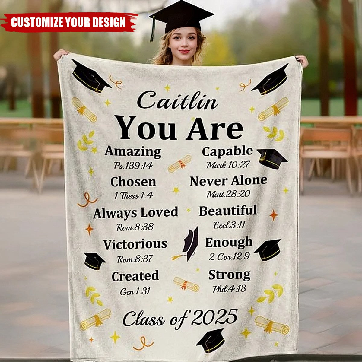 Personalized Graduation Cap Bible Chapter Soft Throw Blanket with Name and Year Home Decor Graduation Inspiring Gift for Christian Graduates