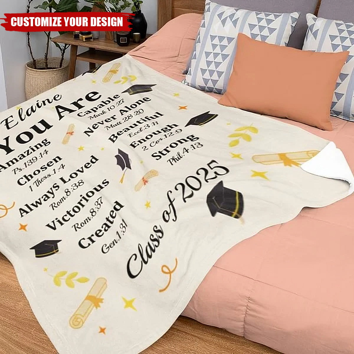 Personalized Graduation Cap Bible Chapter Soft Throw Blanket with Name and Year Home Decor Graduation Inspiring Gift for Christian Graduates