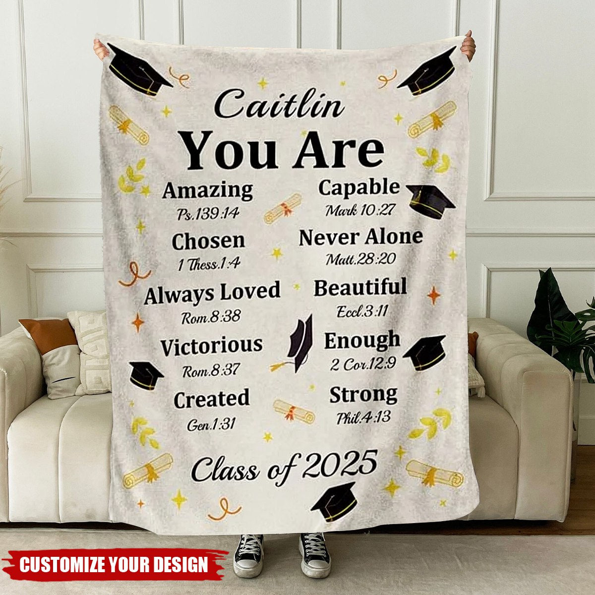 Personalized Graduation Cap Bible Chapter Soft Throw Blanket with Name and Year Home Decor Graduation Inspiring Gift for Christian Graduates