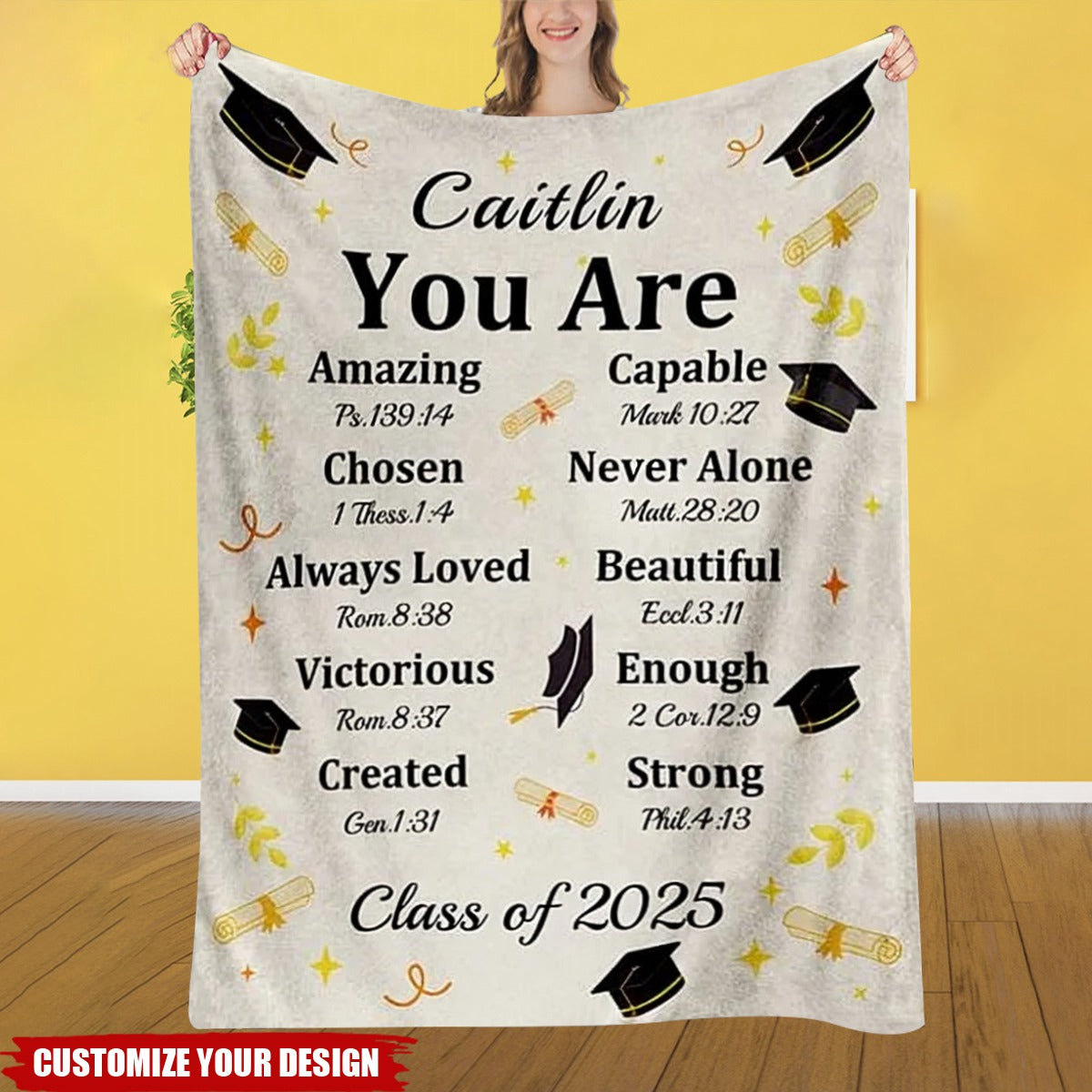 Personalized Graduation Cap Bible Chapter Soft Throw Blanket with Name and Year Home Decor Graduation Inspiring Gift for Christian Graduates