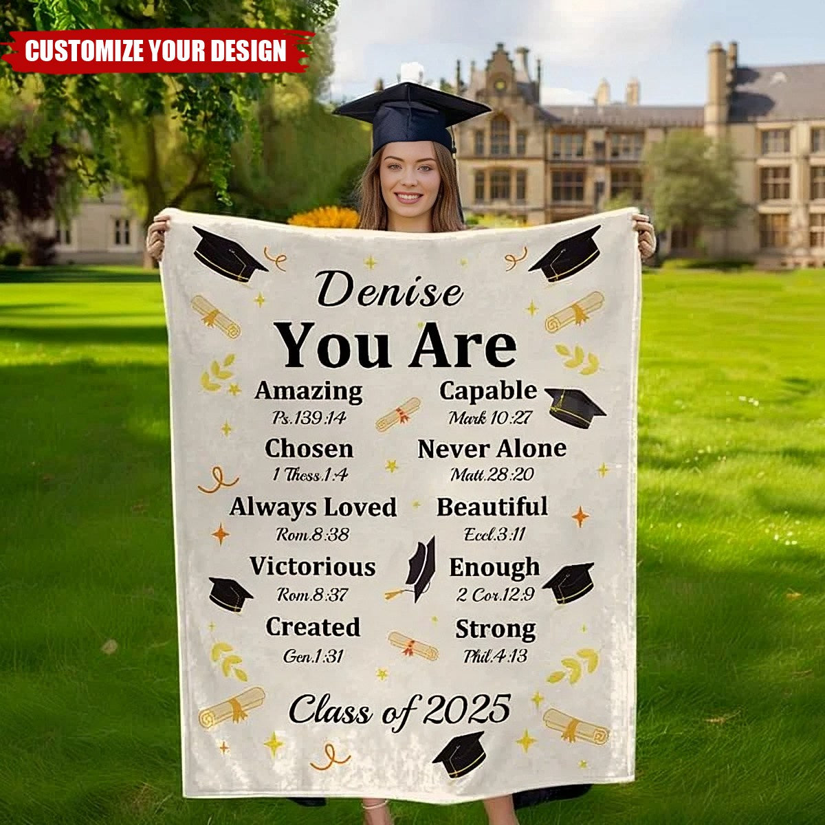 Personalized Graduation Cap Bible Chapter Soft Throw Blanket with Name and Year Home Decor Graduation Inspiring Gift for Christian Graduates