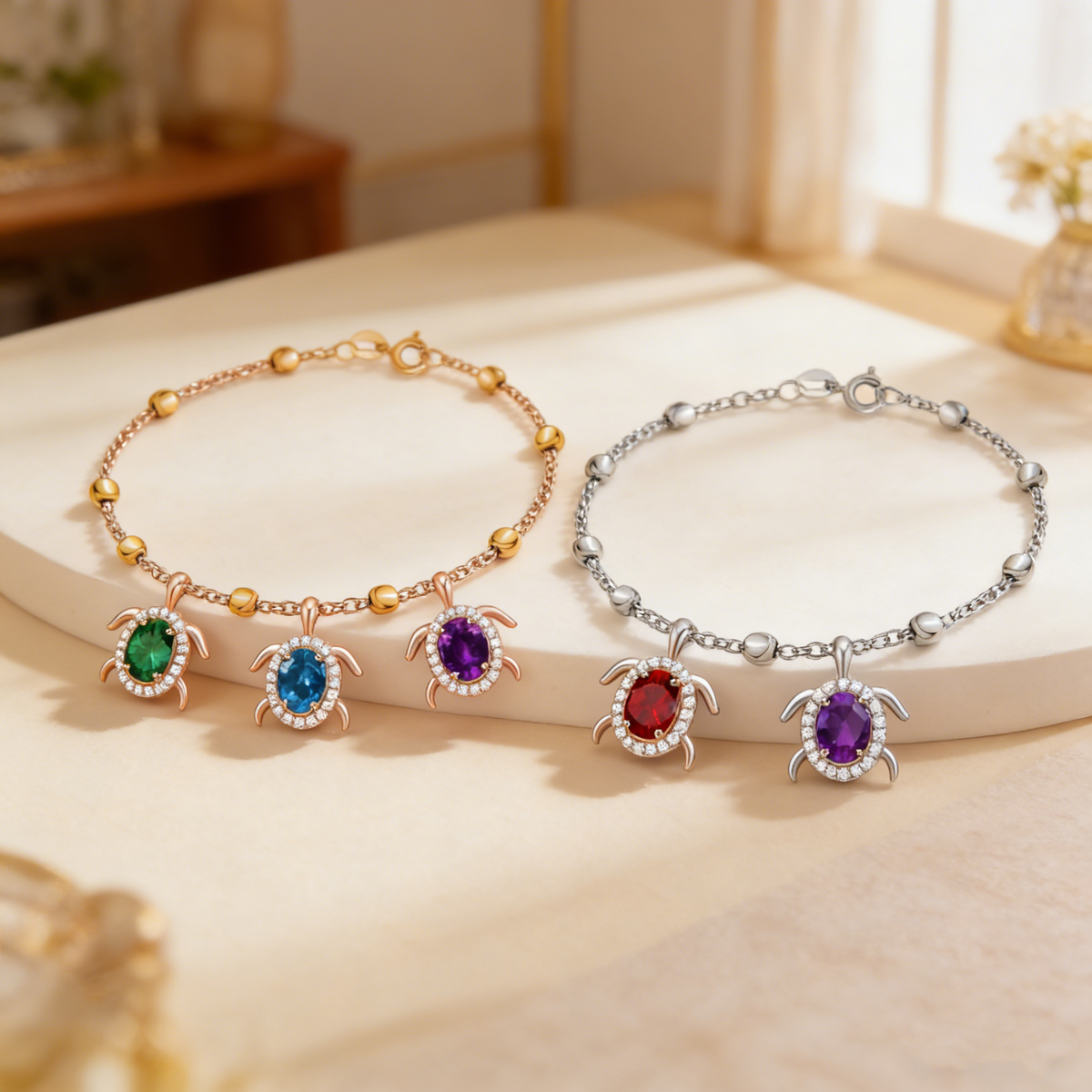 Personalized Sea Turtle Birthstones Bracelet - Gift For Mom,Grandma