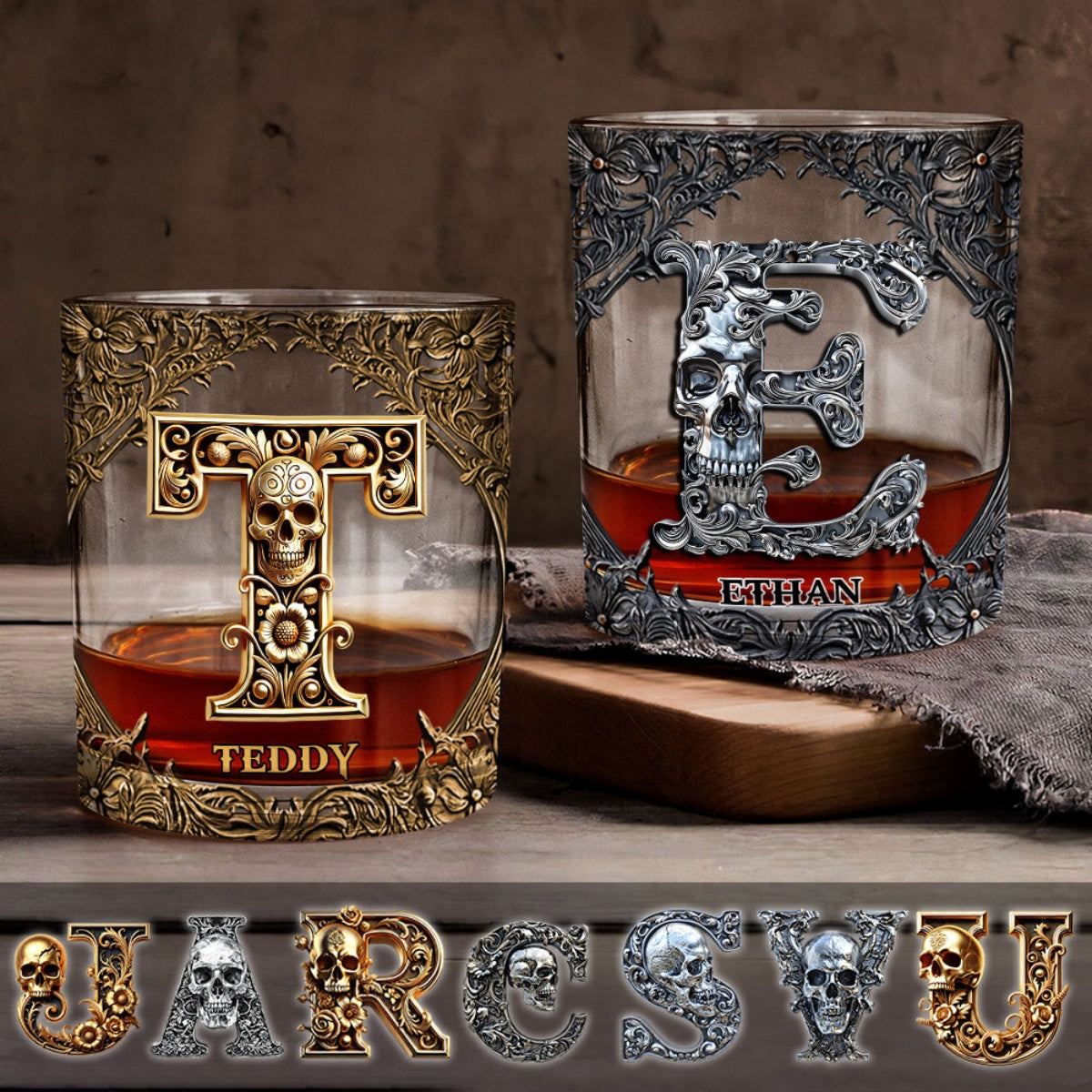 Skull Name Initial Letter - Personalized Skull Whiskey Glass