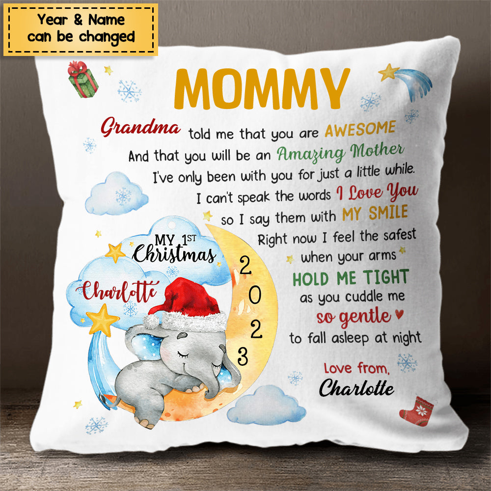 Baby Shower Elephant Baby's First Christmas Personalized Pillow