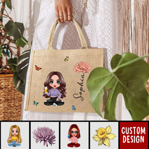 Cute Cartoon Women Girl Birth Flower - Personalized Jute Tote Bag