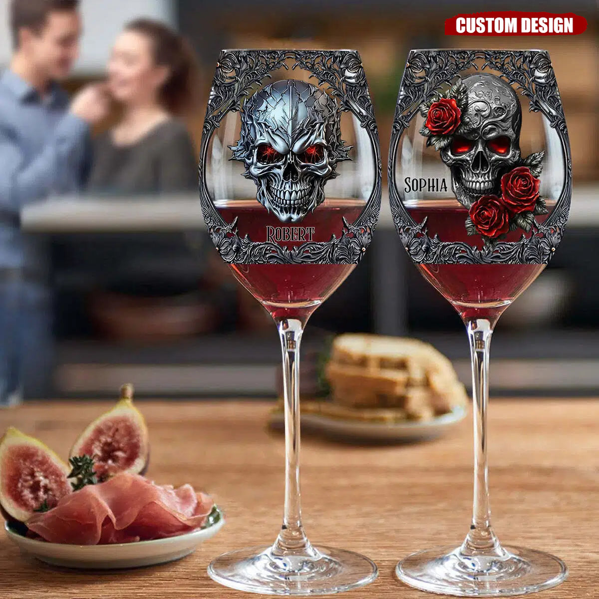 Hello Darkness - Couple Gift - Personalized Skull Wine Glass With Long Stem